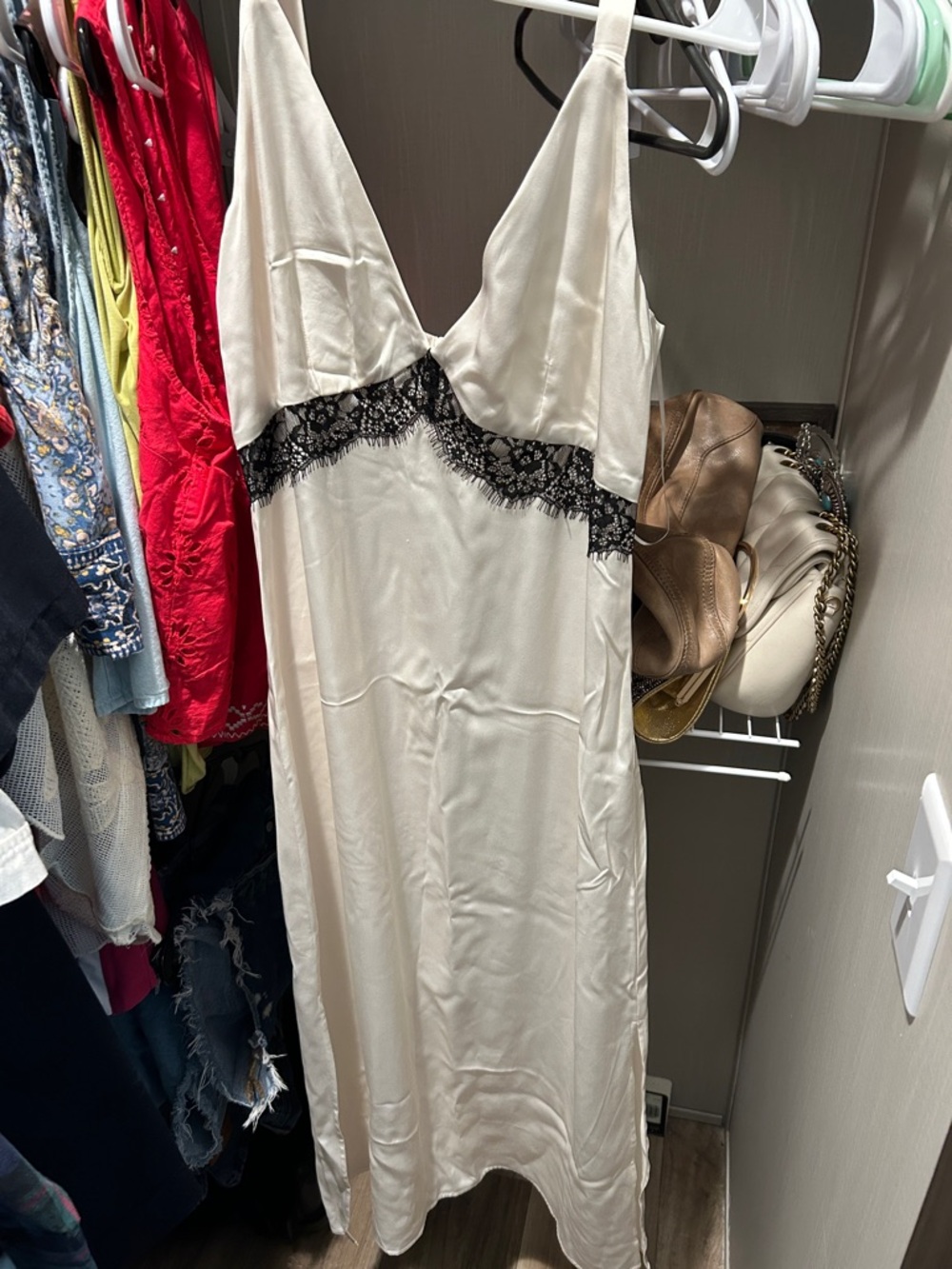French Connection Ivory Slip Dress with Black Lace Accent